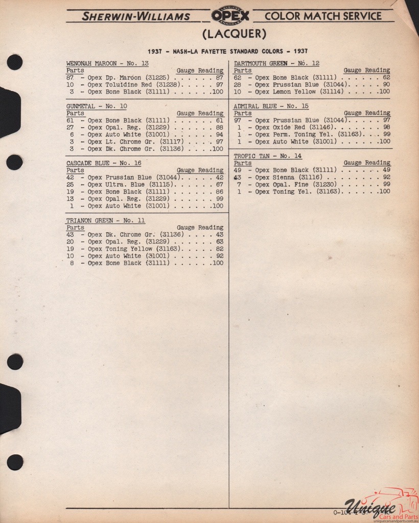 1937 Nash Paint Charts Williams 2